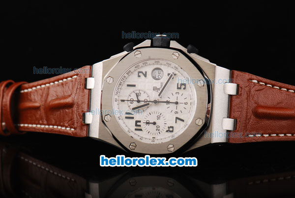 Audemars Piguet Royal Oak Offshore Chronograph Swiss Valjoux 7750 Movement Silver Case with White Dial and Black Numeral Marker-Brown Leather Strap - Click Image to Close